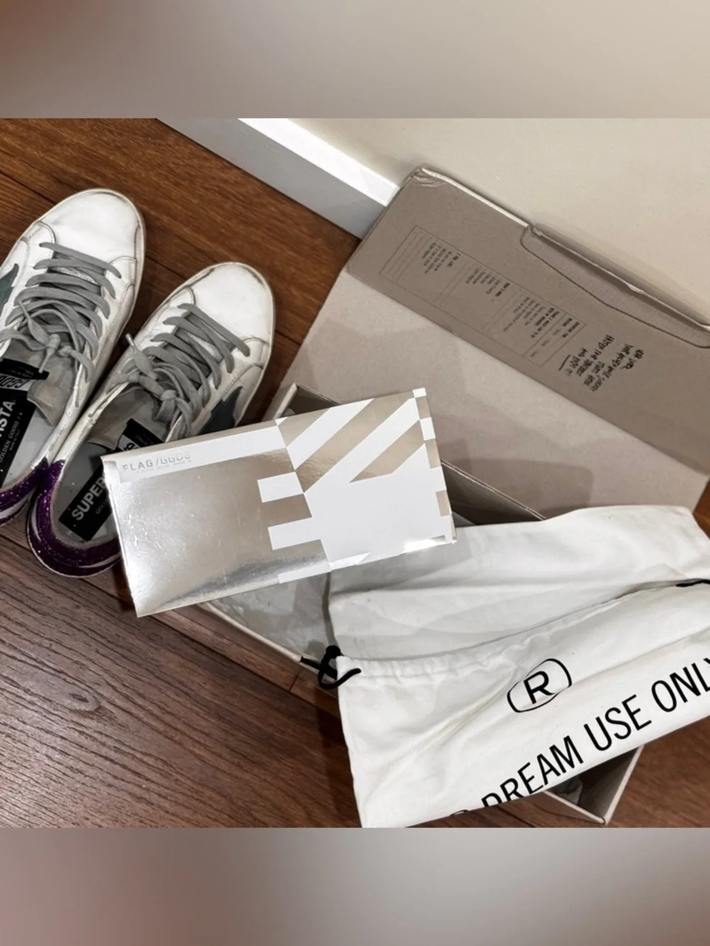 ✨ Golden Goose Super-Star Sneakers – White / Green Star / Purple Glitter Heel 39